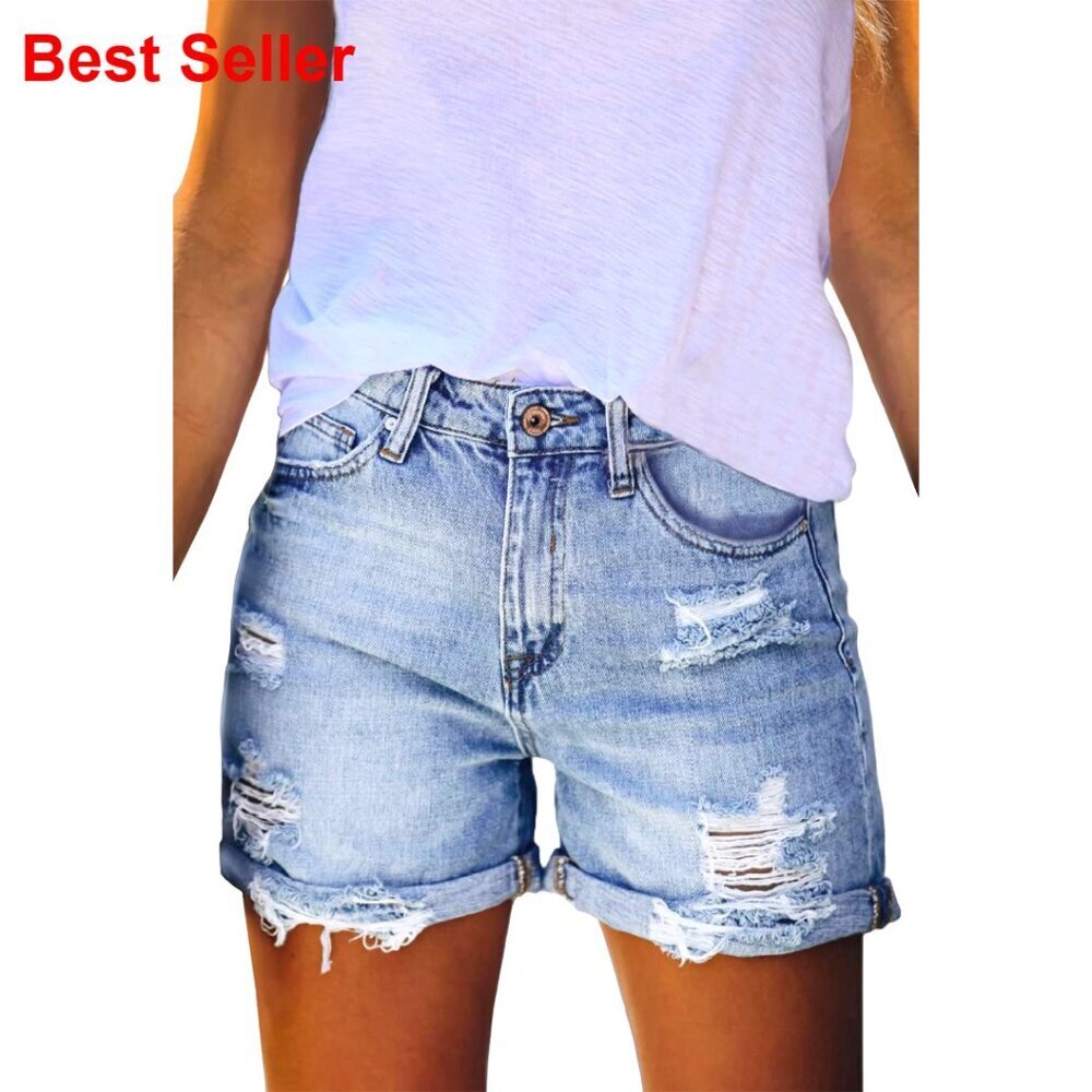 High Waisted Denim Shorts Ripped Distressed Frayed Casual Summer